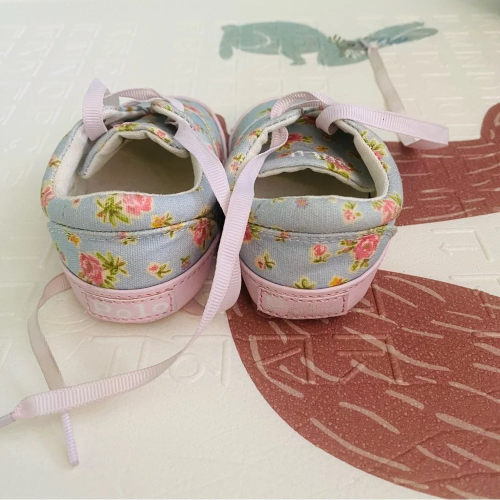 Ralph Lauren Polo Light Blue and Pink Floral Canvas Baby Shoes size 3 GUC